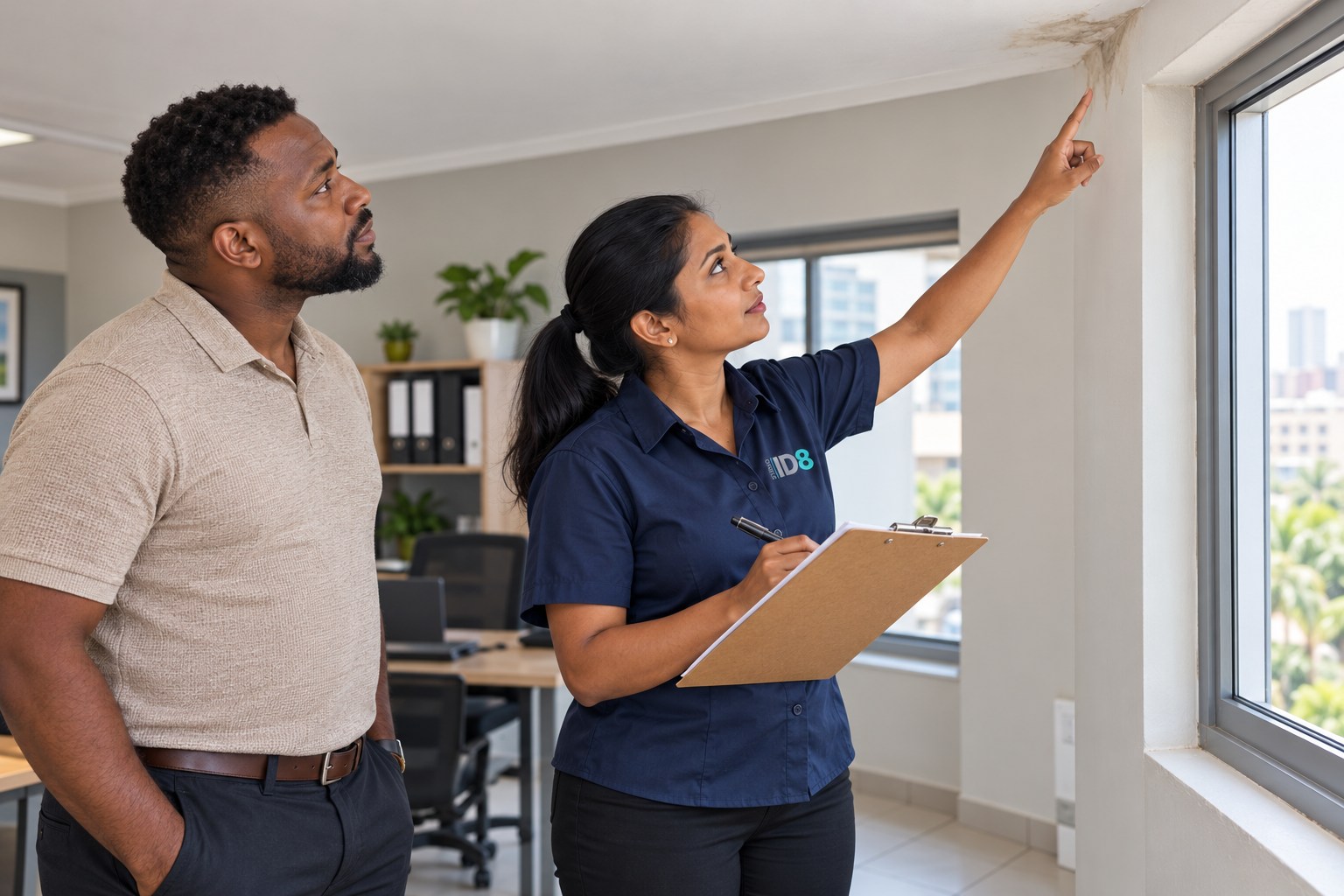 Studio Ideate branded assessor reviewing a visible ceiling concern with a commercial property representative
