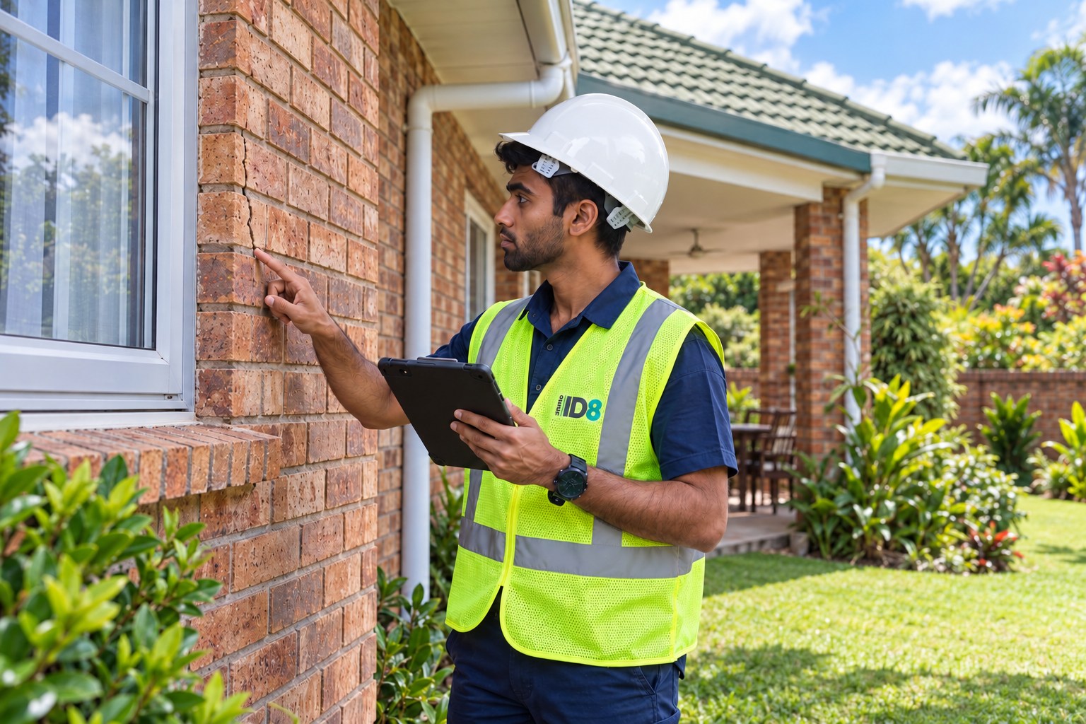 Studio Ideate branded assessor recording visible maintenance concerns at a South African masonry home