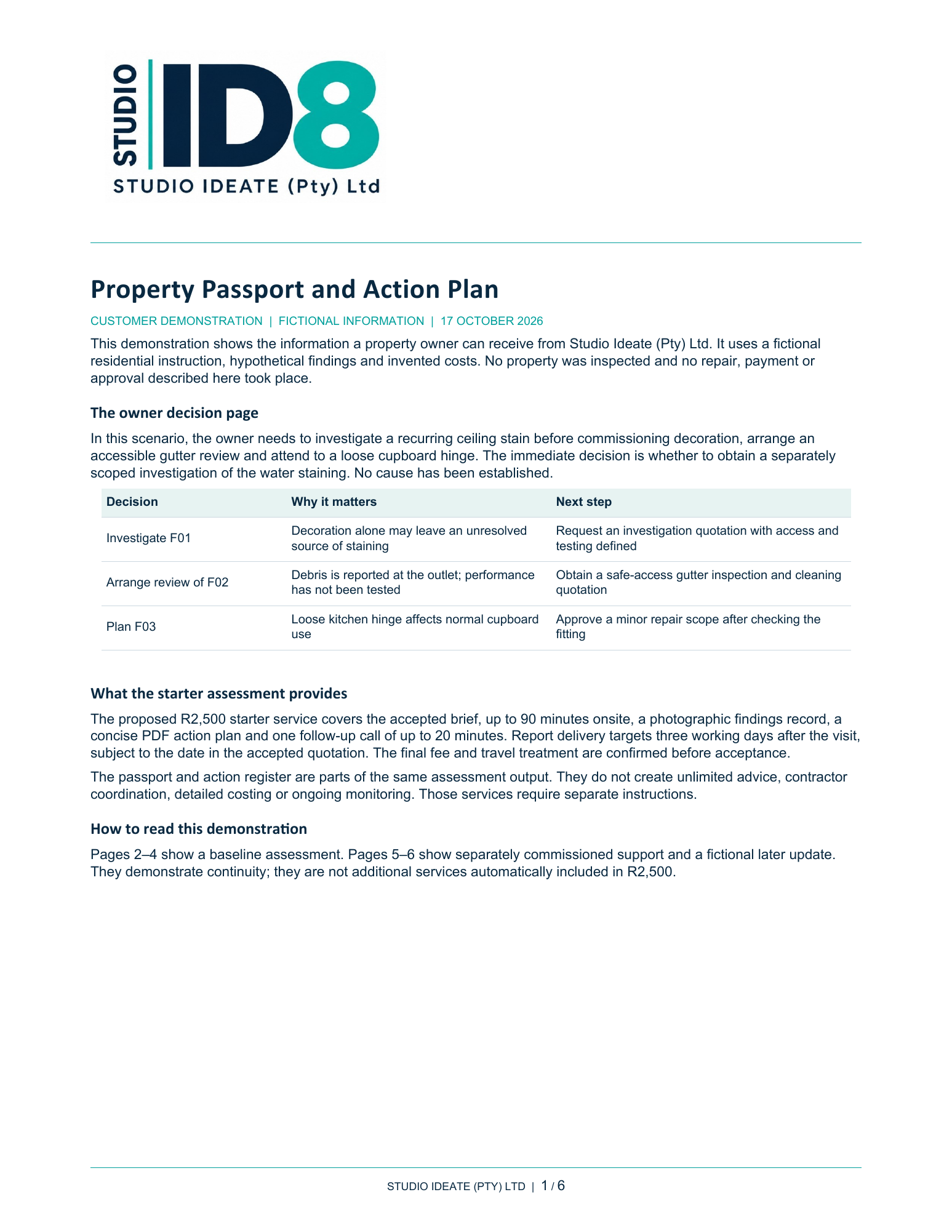 First page of Studio Ideate fictional Property Passport and Action Plan, with navy and teal letterhead