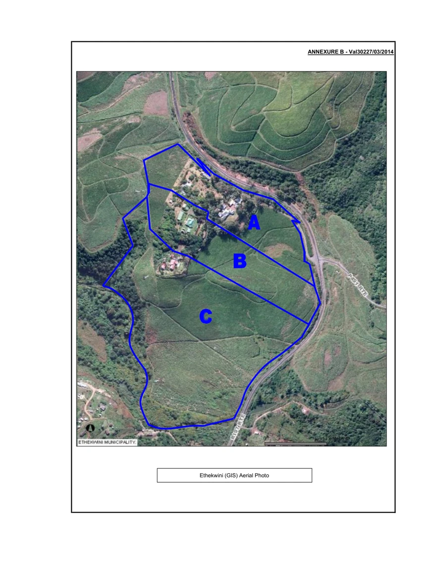 Supplied historical eThekwini GIS aerial showing the full property boundary and internal parcel divisions in blue, labelled A, B and C